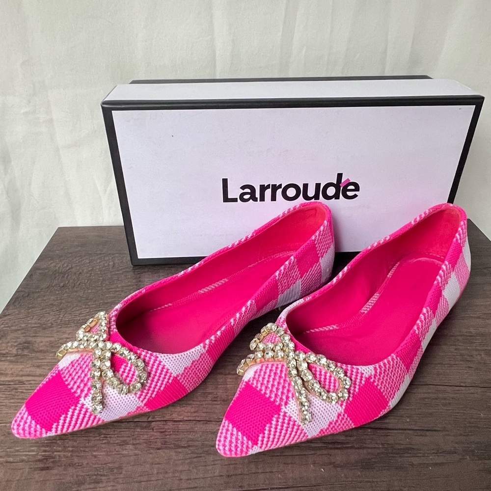 Larroude Lee Pink & White Gingham Ballet Flats with Rhinestone Bows Size 8